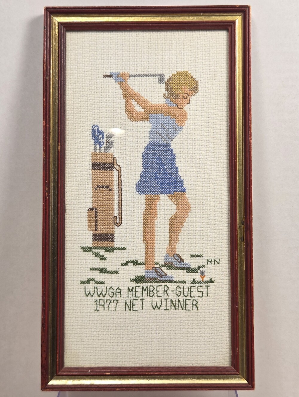 Vintage Needlepoint Needlework Woman Golfer Wood Frame Gallery Wall Art